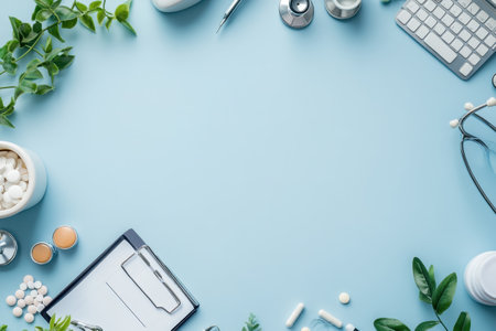 A medical workspace showcases supplies, medication, and plants arranged on a light blue surface.の写真素材