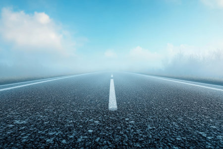 A tranquil road shrouded in mist leads towards the distant horizon, creating a serene atmosphere.の写真素材