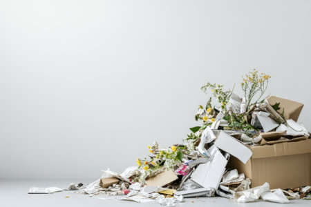 A mound of crumpled paper and dried flowers spills from a cardboard box in a minimalist room.の写真素材