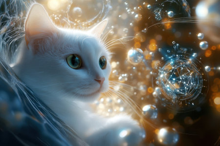 A white cat with expressive eyes observes an enchanting, abstract world filled with shimmering lights and bubbles.の写真素材
