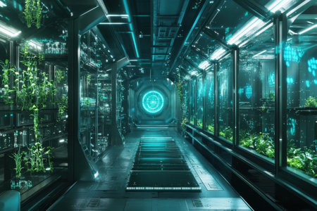 High-tech corridor featuring vibrant greenery and illuminated panels reflecting futuristic design.の写真素材
