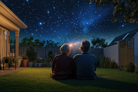 Two individuals sit closely together in a backyard, admiring the vibrant stars above on a clear night.の写真素材