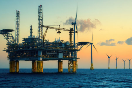 An offshore oil platform operates alongside wind turbines, highlighting the blend of energy sources at dusk.の写真素材