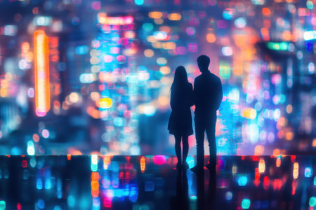 A couple stands together gazing at the dazzling city skyline filled with colorful lights at nighttime.の写真素材