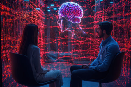 Two individuals engage with a holographic brain display in a high-tech lab at night.の写真素材