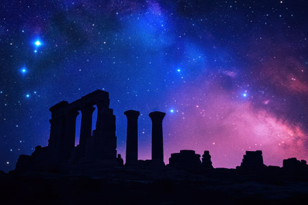 Silhouetted ancient ruins stand tall amidst a mesmerizing sky filled with stars and cosmic colors.の写真素材