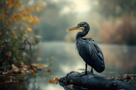 A black heron perches on a log along a tranquil waterway, surrounded by autumn leaves and soft light.の写真素材