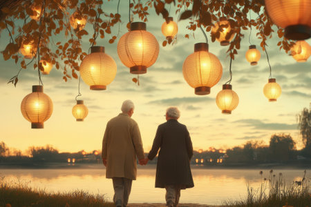A serene moment as an elderly couple strolls together, holding hands beneath glowing lanterns by the lake at sunset.の写真素材