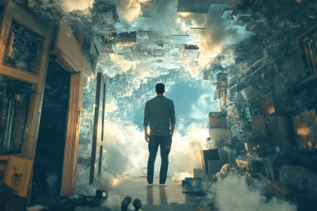 A person stands in a cluttered room, gazing into a surreal, cloudy void filled with boxes and debris.の写真素材