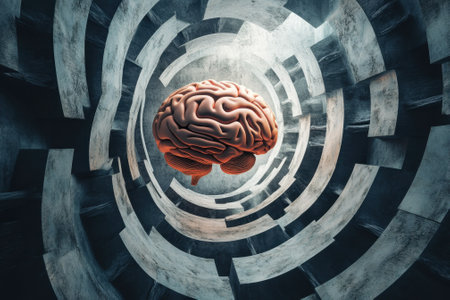 A brain hovers in a labyrinthine structure, illustrating the complexity of human thought and perception.の素材