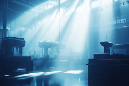 Sunlight streams through large windows, creating dramatic light patterns in an empty factory setting.の素材