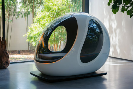 A sleek, futuristic pod sits peacefully in a bright indoor garden, surrounded by greenery and calmness.の写真素材
