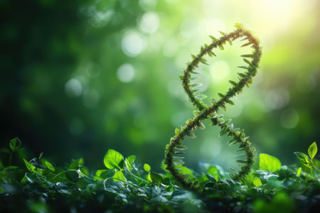 A vibrant representation of the number eight made from leaves and plants, set against a peaceful forest backdrop.の写真素材