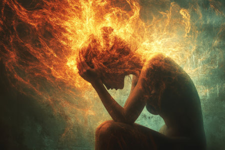 A woman sits in a posture of distress as fiery flames envelop her, creating a striking visual contrast.の写真素材