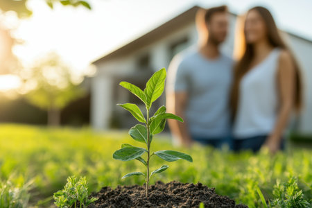 A young couple enjoys time together in their garden, admiring the newly planted seedling against the evening sky.の素材