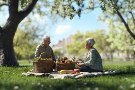 Two elderly individuals share a joyful picnic on a blanket in a sunlit park surrounded by green trees.の写真素材