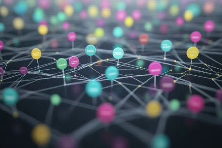 A vibrant network diagram shows various colored nodes connected by lines, representing data relationships.の写真素材