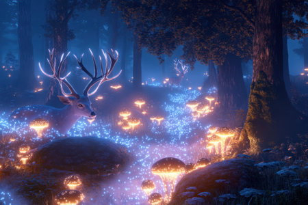 A serene deer stands in a mystical forest filled with glowing mushrooms and soft luminescent lights at night.の写真素材