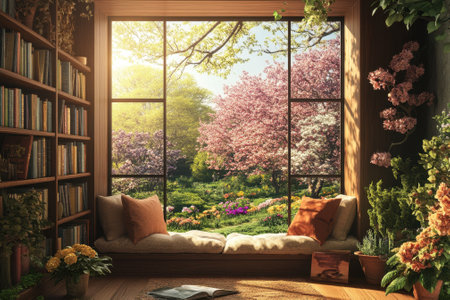 A serene reading nook overlooks a lush garden filled with vibrant flowers and blooming trees in afternoon light.の写真素材