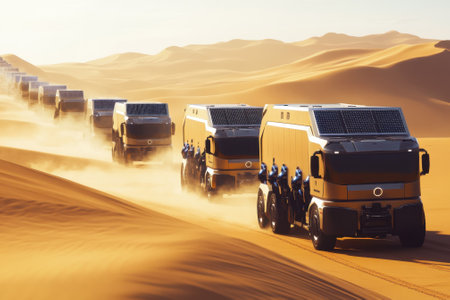 A convoy of solar-powered trucks moves across the sandy dunes of a desert during sunset.の写真素材