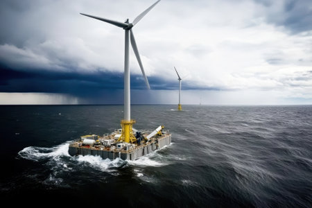 Offshore wind turbines stand tall above rough waters, showcasing renewable energy amidst dark clouds.の写真素材