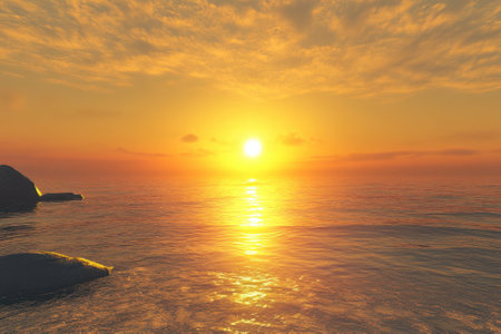 Sunset casts a warm glow over the tranquil ocean, enhancing the serene atmosphere and reflecting on the water.の写真素材