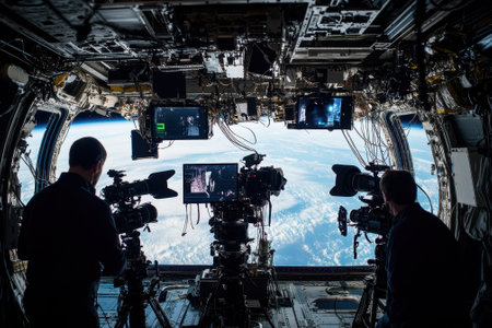 Two filmmakers are operating cameras inside the International Space Station, capturing stunning views of Earth below.の写真素材