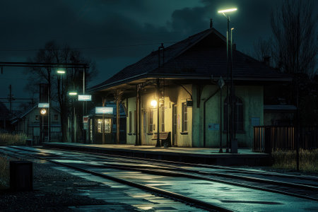 Trains wait at a solitary station illuminated by soft lights on a rainy evening, creating a serene atmosphere.の写真素材