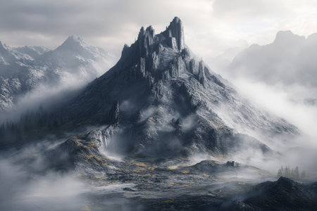 A striking mountain rises sharply against a cloudy sky, enveloped in swirling mist and shadows.の写真素材