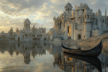 Ancient stone structures lie submerged near water as a single boat floats peacefully at dusk.の写真素材