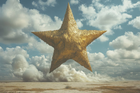 A large golden star hovers above a dry terrain while clouds swirl in a blue sky, creating a surreal atmosphere.の写真素材
