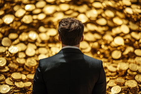 A man in formal attire stands with his back to a large collection of shimmering gold coins, reflecting the light.の写真素材