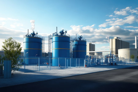Three large blue storage tanks are prominently placed at a chemical facility under a clear sky.の写真素材