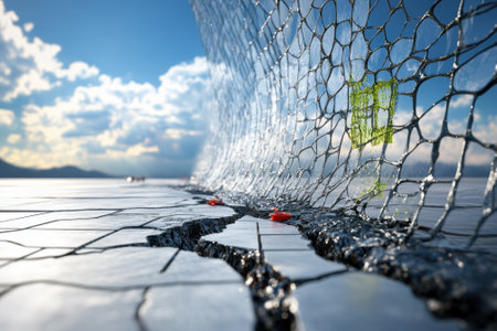 Cracked surface showcases a network of fissures under a bright sky with clouds and dramatic lighting.の写真素材