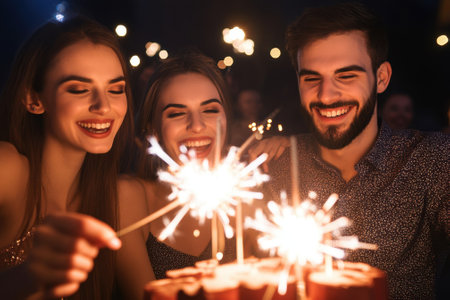Three friends are gathered around a cake, joyfully celebrating with sparklers in a festive atmosphere.の素材