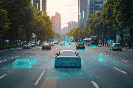 A sleek, modern car navigates a bustling city street with a digital overlay showcasing its features during golden hour.の写真素材