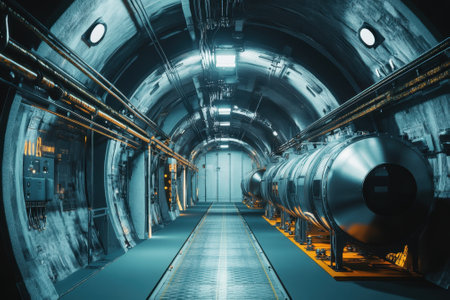 A futuristic tunnel with metallic storage units, lit by artificial lights, highlights modern engineering.の写真素材