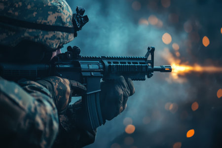 A soldier takes aim and fires a weapon in a low-light training environment surrounded by trees.の写真素材