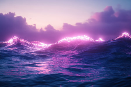 Waves of purple shimmer as sunlight sets, creating a tranquil atmosphere along the ocean's edge.の写真素材