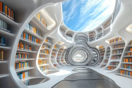 A contemporary library interior features curved bookshelves, bright colors, and ample natural light from the sky.の写真素材