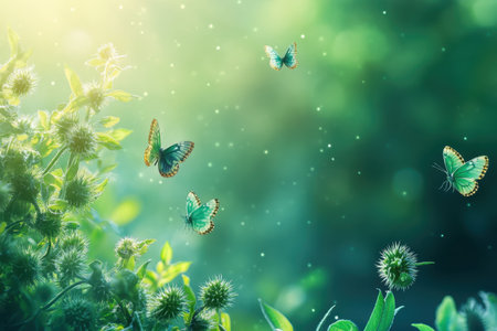 Colorful butterflies dance above lush plants, illuminated by warm sunlight in a serene garden setting.の写真素材