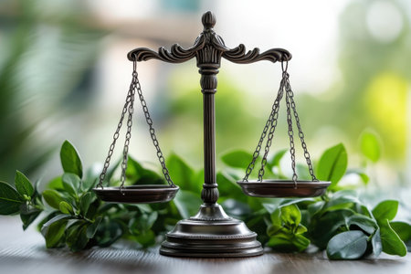The scales of justice rest on a wooden table surrounded by lush greenery, representing law and balance.の写真素材