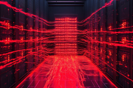 A futuristic data center features red light beams emanating from server racks, creating an energetic atmosphere.の写真素材