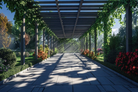 A tranquil garden pathway lined with colorful flowers and shaded by greenery, illuminated by midday sunlight.の写真素材