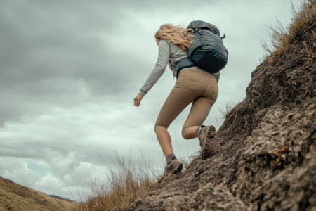 A person climbs a steep rocky path wearing a backpack under an overcast sky. The landscape is rugged and wild.の素材