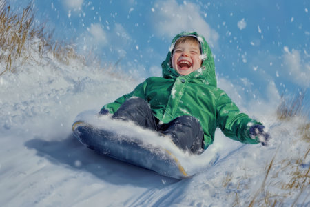 A young child in a green jacket gleefully sleds down a snowy slope under a clear blue sky.の写真素材