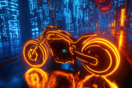 A neon motorcycle glows brightly as it stands in a vibrant cyberpunk city under a night sky.の写真素材