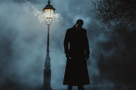 A lone figure in a long coat stands beneath a glowing street lamp, enveloped in dense fog at night.の写真素材