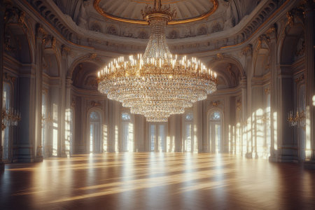 Sunlight streams through tall windows, highlighting a stunning chandelier in an opulent ballroom.の写真素材