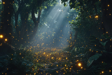 Sunlight filters through dense trees in a tranquil forest, illuminating floating particles for a magical effect.の写真素材